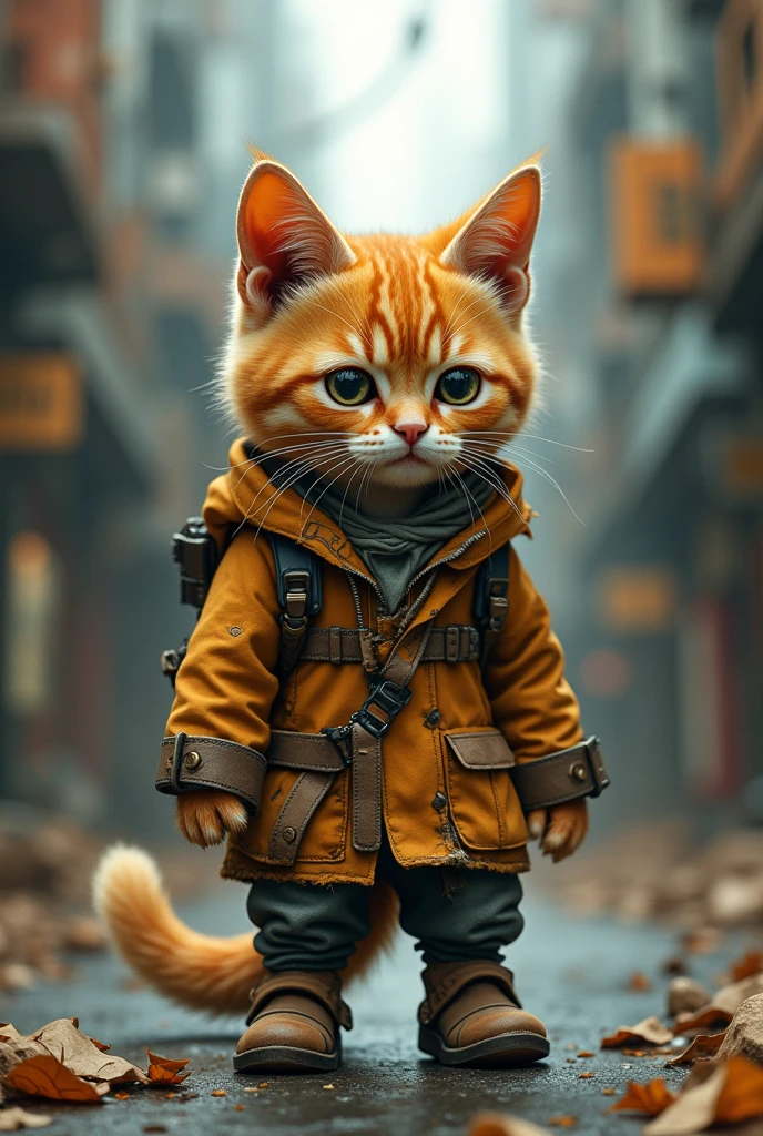 A cute close-up of an orange cat wandering around the city., building, complicated details, ((Engineering cat)) ,Two-legged standing,Torn clothes, Walk on two legs,sad,Cat Calculation