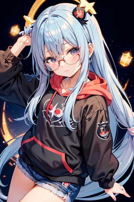Angelic French doll, Stocky, Brightly colored hoodies, In shorts, Blue Hair ,Disheveled long hair, (anime: 1.2), Wearing glasses, Asymmetrical bangs, masterpiece, Tengu, (Fortuneteller: 0.8), (sleepy: 0.8), Intimate, フレンドリー, 風を受けている, 濡れた髪, anime, ざぁこ♡, 寒い, ハッピー