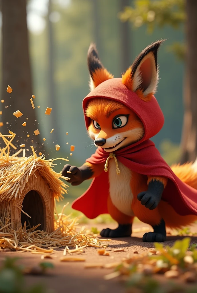 pixar style sideview of a 3D scary cute fox wearing a red cape and a red hoodie with realistic fur stands before a small, fragile house made of straw, his cheeks puffed out and his brows furrowed in intense concentration. The fox's lips are tightly pursed as he blows with all his might, his chest expanding and his whole body straining with the effort. The wind from his powerful breath sends the straw pieces flying in all directions, creating a chaotic swirl around him. His eyes are narrowed with determination, and you can see the muscles in his face and neck tense, showing his sheer force and exertion. The background is a forest clearing, with some trees swaying slightly due to the force of the wind. The fox's expression is a mix of focus and fierce intent as he tries to bring the house down, captured in a moment of intense action.