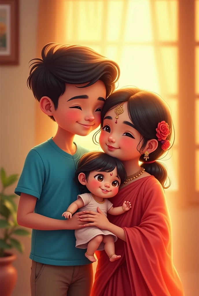 Cute boy with blue shirt and white Dodi dress and cute girl with red saree and baby girl with full of love cute family 