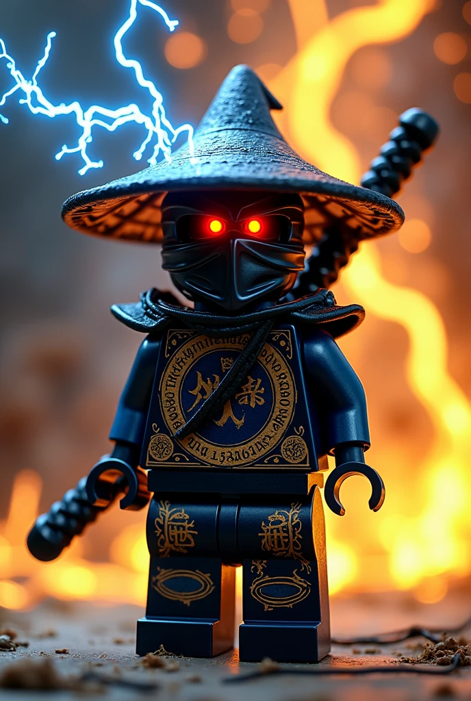 Créer moi un lego ninja go premier maitre du spijisufuturiste de la dernière puissance dimensionaire un ninja avec un chapeau de paille pointu en noir sur la tête noir et un masque de couleur noir profond, gris, bleu clair sur la tête et un petit bandeau en forme de rond noir profond autour de la bouche, avec une peau sombre noir et il faut des traces d’électricité jaune et bleu foncé dans le visage et un regard terrible de noirceur avec des yeux ridé en rouge fonce profond brillant avec une puissance incroyable avec comme puissance élémentaire l’électrique, l’énergie, la terre, le feu, la glace. Les habits du ninja doit être en noir anthracite, bleu nocturne et golden suprême et fer anthracite avec des reure en forme d’électricité bleu clair et jaune brillant et des écritures japonaises et le parchemin antique sacré le plus puissant en golden. Un ninja imbattable monstrueux beaucoup trop puissant qui contrôle tous les pouvoirs élémentaires. Le ninjadoit être destructeur et soif de victoire un gentil et mechant avec un sabre dans le dos