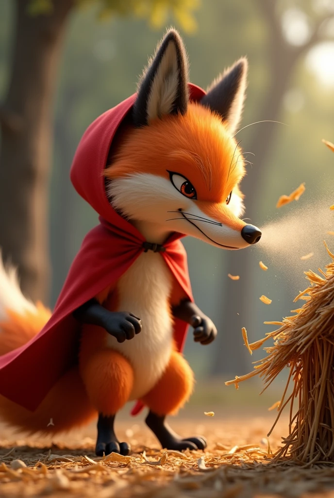 pixar style sideview of a 3D scary cute fox wearing a red cape and a red hoodie with realistic fur   stands before a small, fragile house made of straw, his cheeks puffed out and his brows furrowed in intense concentration. The fox's lips are tightly pursed as he blows with all his might, his chest expanding and his whole body straining with the effort. The wind from his powerful breath sends the straw pieces flying in all directions, creating a chaotic swirl around him. His eyes are narrowed with determination, and you can see the muscles in his face and neck tense, showing his sheer force and exertion. The background is a forest clearing, with some trees swaying slightly due to the force of the wind. The fox's expression is a mix of focus and fierce intent as he tries to bring the house down, captured in a moment of intense action.