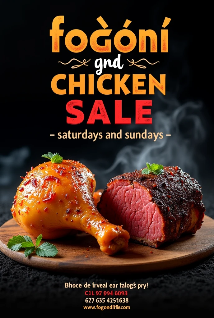 Create a banner with a black background. Include the text 'Fogón Guaraní' in large, eye-catching letters at the top. Just below, in a smaller size, add 'Roast and Chicken Sale - Saturdays and Sundays'.
Place two realistic images in the center: a golden and juicy chicken thigh and a well-cooked roast rib, both with details that highlight their texture and appetizing taste. Add a touch of smoke around it to give it a more flavorful look.
At the bottom of the banner, add contact information, such as phone number and address, in a clear and legible layout. Make sure the text contrasts with the black background to ensure good visibility.