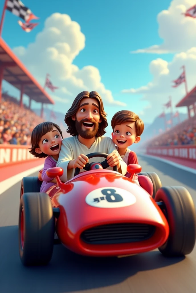 A Disney Pixar style image with Jesus and two kids in a car on a race track. Jesus must be driving the car, the steering wheel must be clearly visible. MAKE JESUS SMILER