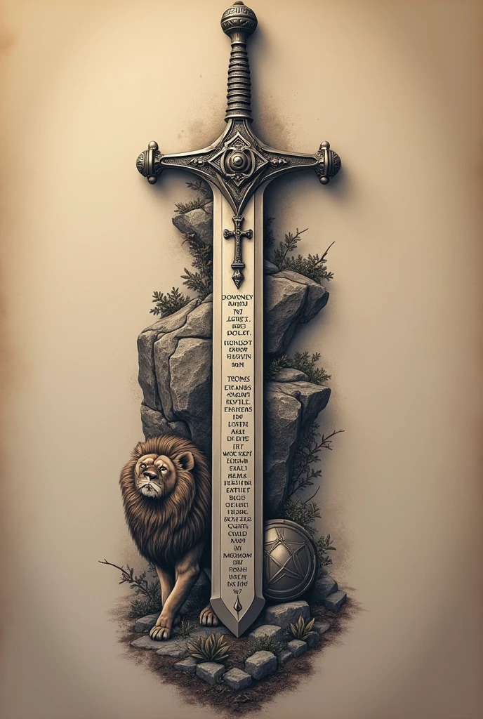 Description for Tattoo Design:
Core Elements:
elsword (or a combination of sword and shield): The sword will be the central element. Can be styled with details, such as a cross on the handle or marks that symbolize divine protection.
Verse:
texto: "Blessed be the Lord, my rock, who trains my hands for battle and my fingers for war." (Salmo 144:1)
distribution: Text can be spread along the sword blade, following its contour. Some parts of the verse can be highlighted in larger sizes or with a more decorative font.. Other parts of the text may be smaller and more discreet., fitting the shape of the sword or around the shield.
Font and Style:
Calligraphic or Classic Font: Use a font that is elegant and legible. Calligraphic or antique-style fonts add a touch of sophistication.
Variety of Sizes: Words may vary in length, with the most important parts of the verse highlighted.
Adding details:
Lion and Shield: If you choose the lion option, it can be positioned next to the sword or shield. The shield can have the text integrated or in a band around it..
Rock and Cross: If you choose the rock, the text may appear to be carved into the rock, with the cross highlighted in the background or as a complementary detail.
Composition:
Harmony and Flow: Make sure the text flows with the contours of the central elements, so that the reading is natural and the tattoo has a cohesive appearance.