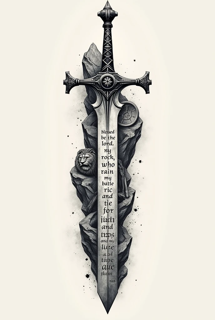 Description for Tattoo Design:
Core Elements:
elsword (or a combination of sword and shield): The sword will be the central element. Can be styled with details, such as a cross on the handle or marks that symbolize divine protection.
Verse:
texto: "Blessed be the Lord, my rock, who trains my hands for battle and my fingers for war." (Salmo 144:1)
distribution: Text can be spread along the sword blade, following its contour. Some parts of the verse can be highlighted in larger sizes or with a more decorative font.. Other parts of the text may be smaller and more discreet., fitting the shape of the sword or around the shield.
Font and Style:
Calligraphic or Classic Font: Use a font that is elegant and legible. Calligraphic or antique-style fonts add a touch of sophistication.
Variety of Sizes: Words may vary in length, with the most important parts of the verse highlighted.
Adding details:
Lion and Shield: If you choose the lion option, it can be positioned next to the sword or shield. The shield can have the text integrated or in a band around it..
Rock and Cross: If you choose the rock, the text may appear to be carved into the rock, with the cross highlighted in the background or as a complementary detail.
Composition:
Harmony and Flow: Make sure the text flows with the contours of the central elements, so that the reading is natural and the tattoo has a cohesive appearance.