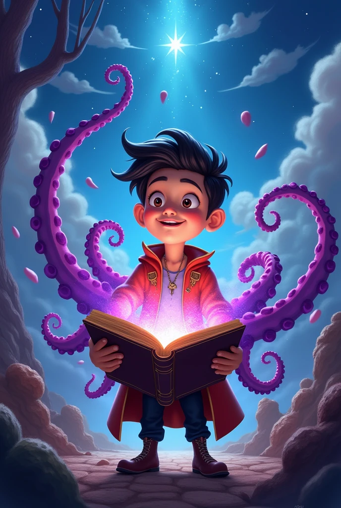 Disney Pixar style cover with Osbourne holding a book with purple octopuses coming out