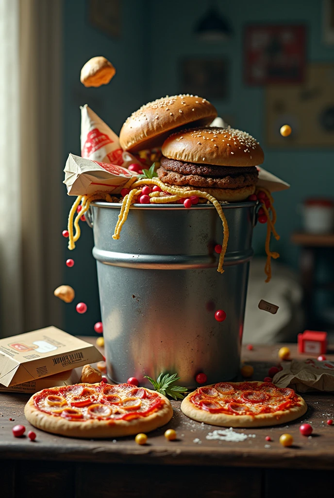 trash can with burger box pizzas and candy on top of a table