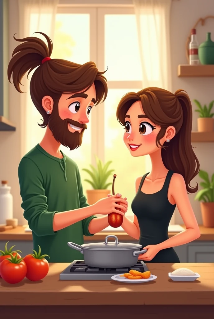 create an 1 couple as a cartoon , white skin boy, long hair with a ponytail and a beard only on the chin, brown in color, that is dressed in green, and the white-skinned girl, light brown eyes , semi wavy brown hair and wear a black dress and are cooking