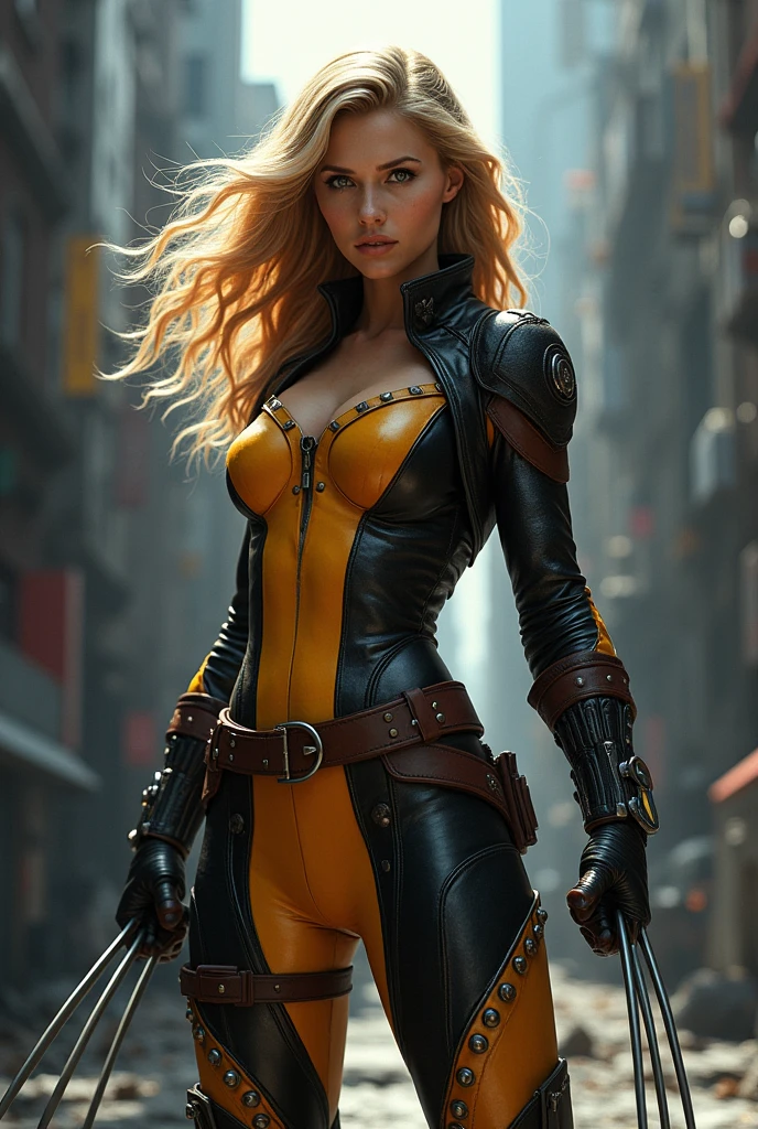 A pretty blonde woman in a Wolverine costume