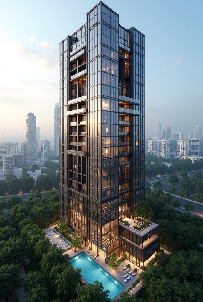 A modern design 35 story high rise condiminium with roof top bar. Underground carparking . Ground floor is for lounge cafe area. Condominium include stair,lift,7apartments in each floor. Swimming pool . Green landscaping. 