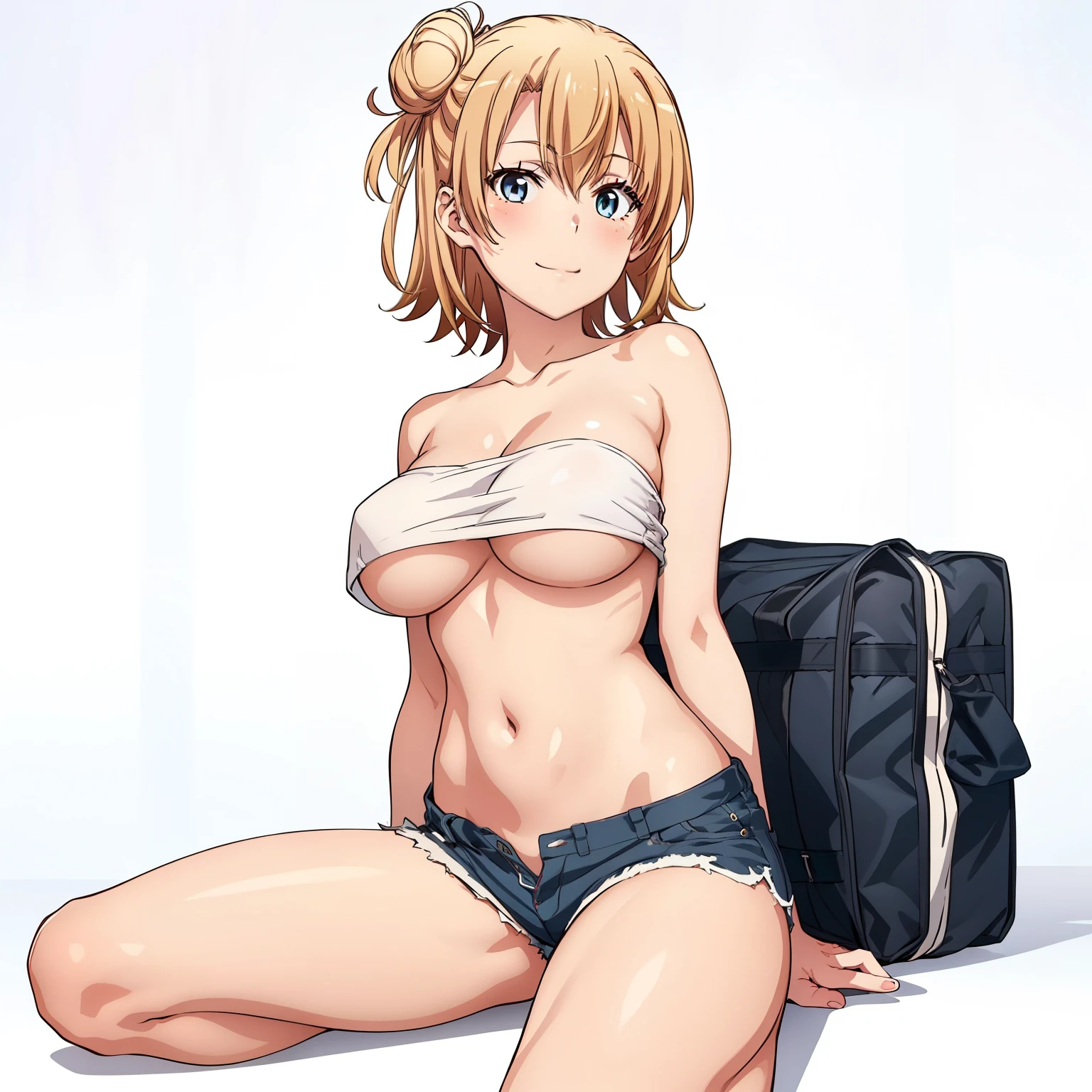 ((masutepiece, Best Quality, hight resolution, nffsw, Perfect Pixel, depth of fields, 4K, )), 1girl in, Solo, , Beautiful anime girl, Beautiful Art Style, Looking at Viewer, Perfect body, Short hair, single hair bun, blonde hair, (large boob), Full face blush, Smile, thighs thighs thighs thighs, tube top, short shorts, white background, sitting on floor, portrait shot, Focus,