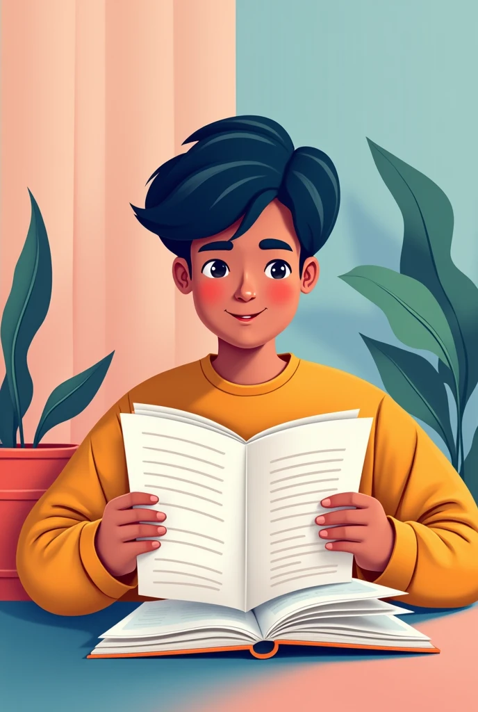 I am looking for an illustration of A PERSON READING A MANUAL A drawing style: Modern and vector, with smooth, clean lines, and vibrant colors. Cartoonish but realistic. Color: Using a palette of bright and contrasting colors that are pleasant and eye-catching. FORMAT: Illustrations arranged in a book or manual style. This illustration is intended for a guidance and training manual, so it must be clear, accessible and visually appealing."
