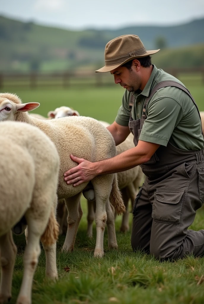 person checking sheep udders

