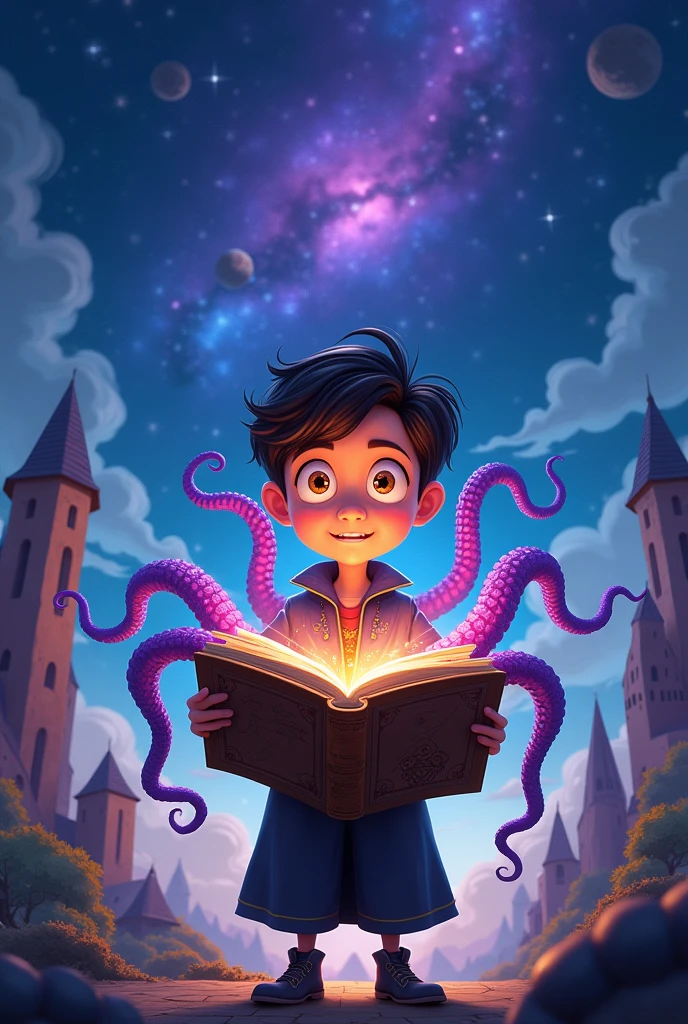 Disney Pixar style cover with Osbourne holding a book with purple octopuses coming out