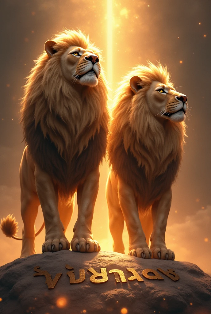GLORIFIED LIONS WITH GOD ON THEIR SIDE AND THE WORD YEHSHUA CARVED AT THEIR FEET
