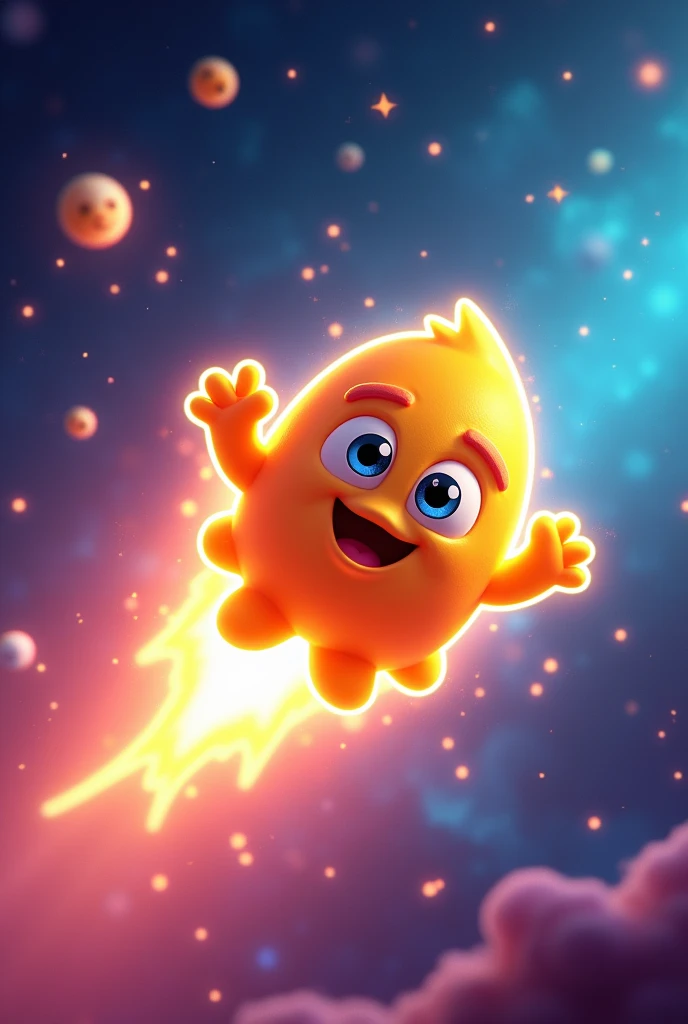 Create an animated, child-friendly scene that depicts gamma energy. The scene should feature a colorful and vibrant outer space environment with stars twinkling in the background. In the foreground, illustrate a playful and energetic gamma ray as a character, perhaps with a glowing, wavy, and energetic body, zipping through space. The gamma ray character could have a friendly, smiling face, with large expressive eyes and little arms waving as it travels. Show it emitting bright, wavy beams of light as it moves, representing its high energy. Surround the gamma ray with smaller, whimsical cosmic elements like playful particles and glowing trails to enhance the sense of energy and motion. The overall mood should be dynamic, bright, and fun, suitable for a children's animated educational scene.