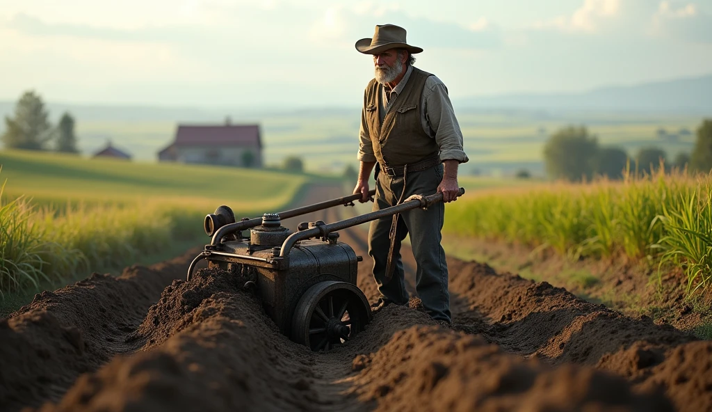A farmer man in the field with a plow in his hands
