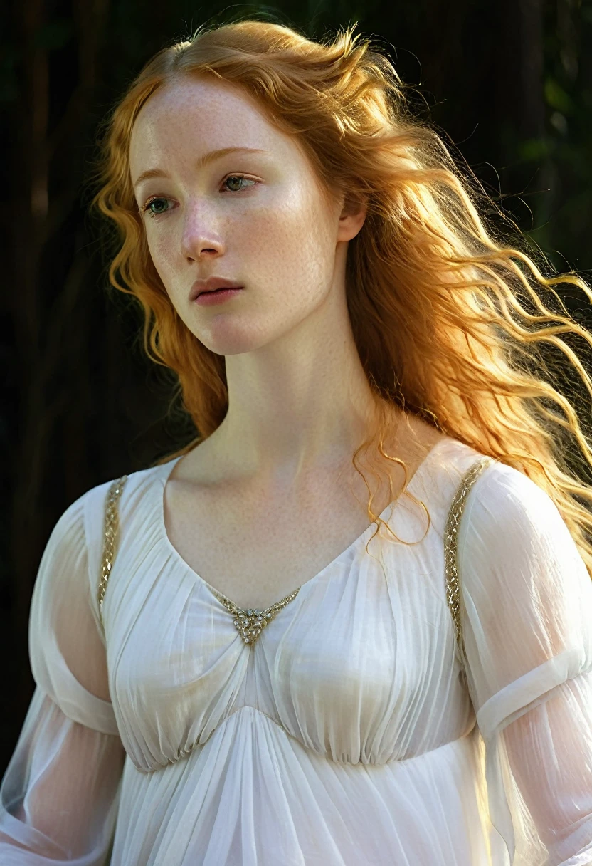 A delicate tableau: a lone girl, her long ginger locks flowing like a river of silk, wears a pristine white dress that seems to shimmer with an ethereal glow. The fabric appears almost translucent, like gossamer, as if the very essence of light has been woven into its fibers. She stands solo against a soft focus backdrop, her gaze cast downward, lost in thought, surrounded by an aura of innocence and vulnerability.