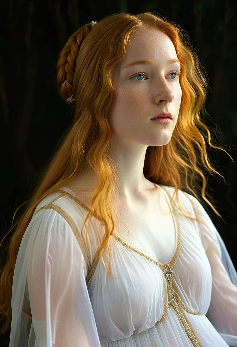 A delicate tableau: a lone girl, her long ginger locks flowing like a river of silk, wears a pristine white dress that seems to shimmer with an ethereal glow. The fabric appears almost translucent, like gossamer, as if the very essence of light has been woven into its fibers. She stands solo against a soft focus backdrop, her gaze cast downward, lost in thought, surrounded by an aura of innocence and vulnerability.