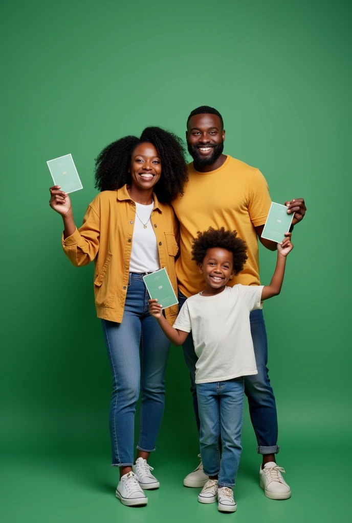 black family all happy with green card in hand, green background, pose for commercial, good lighting
