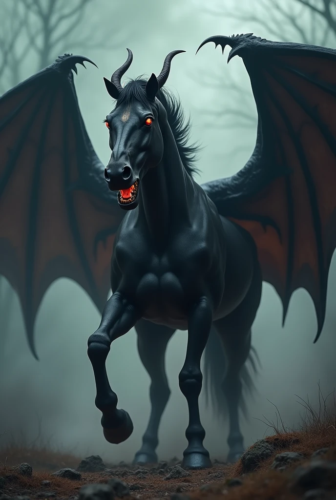 A black horse in angry look with demon face and wings 