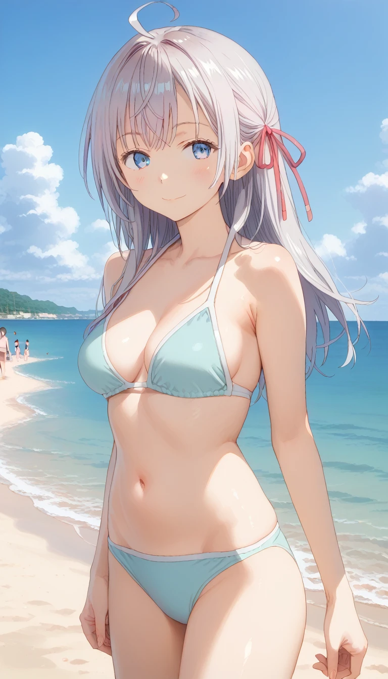 score_9, score_8_up, score_7_up, source_anime, masterpiece, absurdres, medium breasts, mature woman ,perfect face, 1girl, cute expression, smiling, looking at viewer, standing, arched back, beach, alisamikhailovna, alisamikhailovna kujou, long hair, bangs, blue eyes, ahoge, gray hair, red ribbon, Cyan bikini