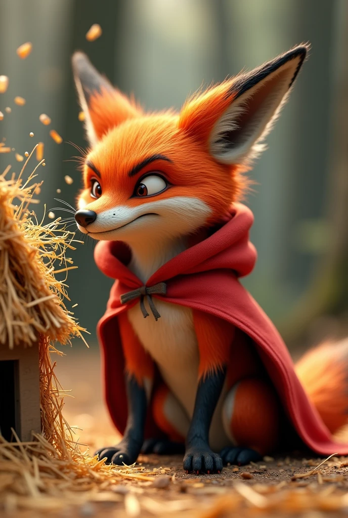 pixar style sideview of a 3D scary cute fox wearing a red cape and a red hoodie with realistic fur   stands before a small, fragile house made of straw, his cheeks puffed out and his brows furrowed in intense concentration. The fox's lips are tightly pursed as he blows with all his might, his chest expanding and his whole body straining with the effort. The wind from his powerful breath sends the straw pieces flying in all directions, creating a chaotic swirl around him. His eyes are narrowed with determination, and you can see the muscles in his face and neck tense, showing his sheer force and exertion. The background is a forest clearing, with some trees swaying slightly due to the force of the wind. The fox's expression is a mix of focus and fierce intent as he tries to bring the house down, captured in a moment of intense action.