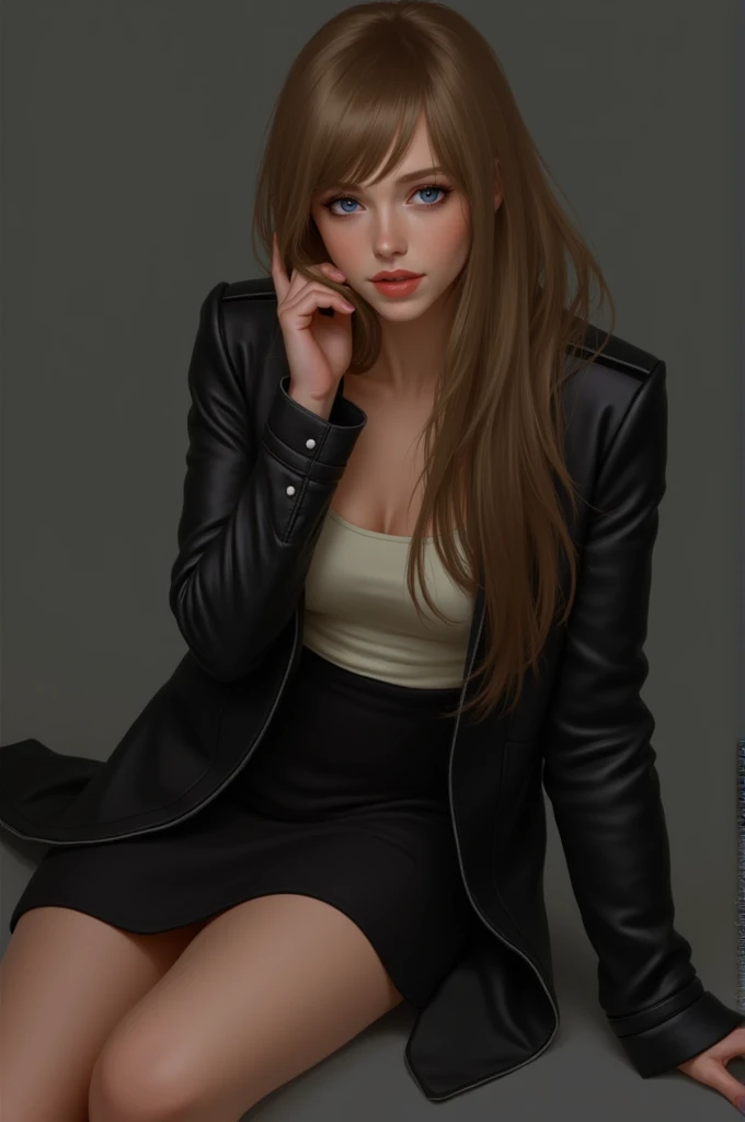 1 femme aux cheveux couleur cacahuète-noisette qui sont longs et lisses, with deep ocean blue eyes. Her skin is milky but a little tanned. She is on her side but her body remains straight facing the camera, elle a une main dans ses cheveux et elle regarde le sol. She has a leather jacket where she doesn't'ne mets pas ses bras. Her skirt is black too. She has an off-white tank top. And she wears ankle boots.