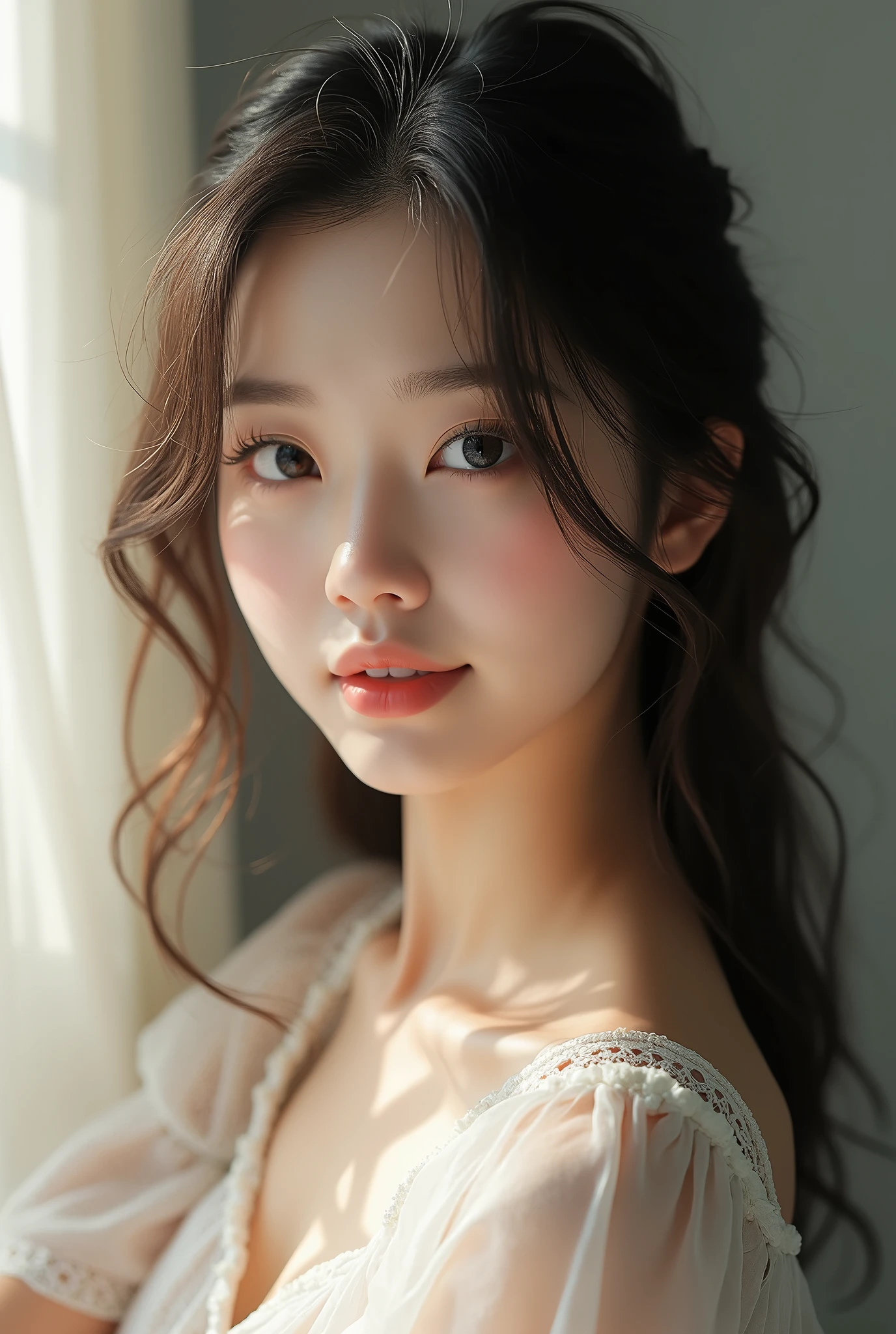 Realistic beautiful girl desktop Highest quality High resolution Very detailed The finer details 20 year old beautiful girl Japanese women K-POP Idol Faces Beautiful attention to detail Big black eyes Medium Long Hair Natural color lips cute Confidence in looking at the camera smile Model pose Shiny hair gives an elegant impression