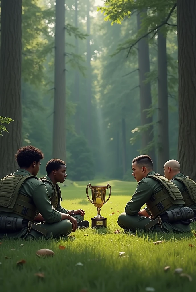 Four soldiers lying on a lawn in a forest, they are looking at a trophy that is in front of them, the trophy is in the world games trophy designer, the soldiers are wearing bulletproof vests and have weapons hanging on their backs, there are 4 soldiers, two of them have dark skin, Of those with dark skin, one has short curly hair and the other has longer curly hair., the others have light skin, one with a pompadour and the other bald.