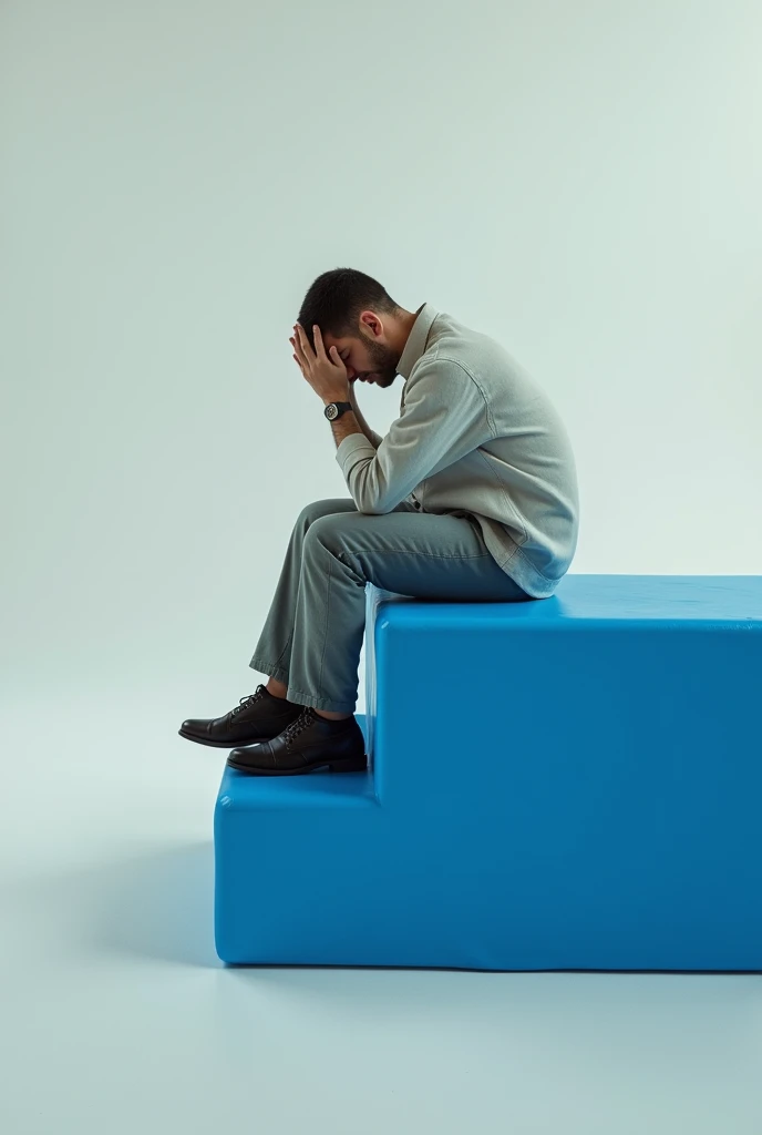 Man in front sitting on a blue piece of furniture with space at the bottom and with his hands on his head so that it looks real