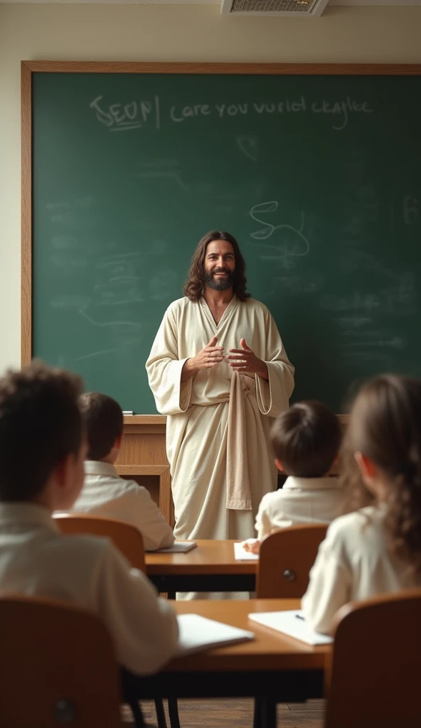 Jesus smiling teaching children in a classroom in 2024 and in the room there is a large blackboard and Jesus is writing while the children are sitting in their chairs and writing in their notebooks at their tables.