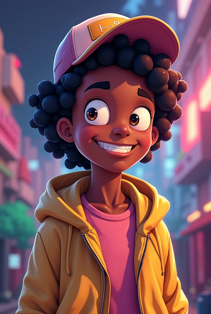 make a teenager around 20 years old, black, wearing a cap and smiling in a cartoon format similar to the Rick Morty cartoon