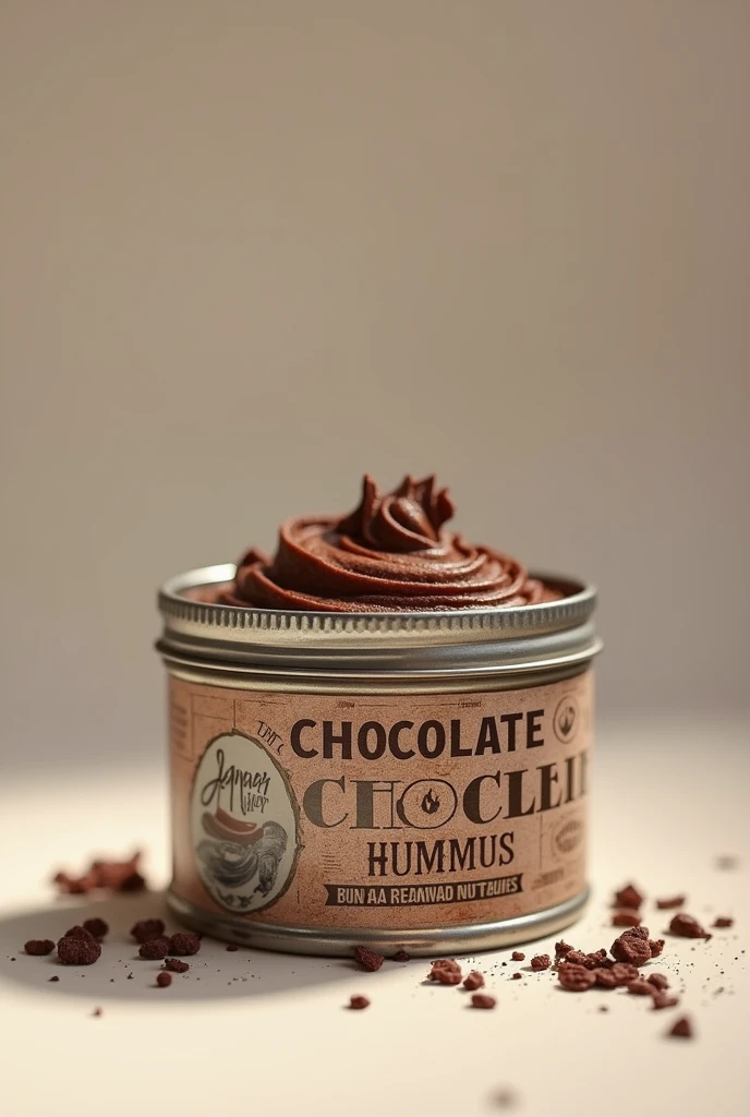Create an image of a chocolate hummus container that is tin-type and has a creative label in front of it that is covered..