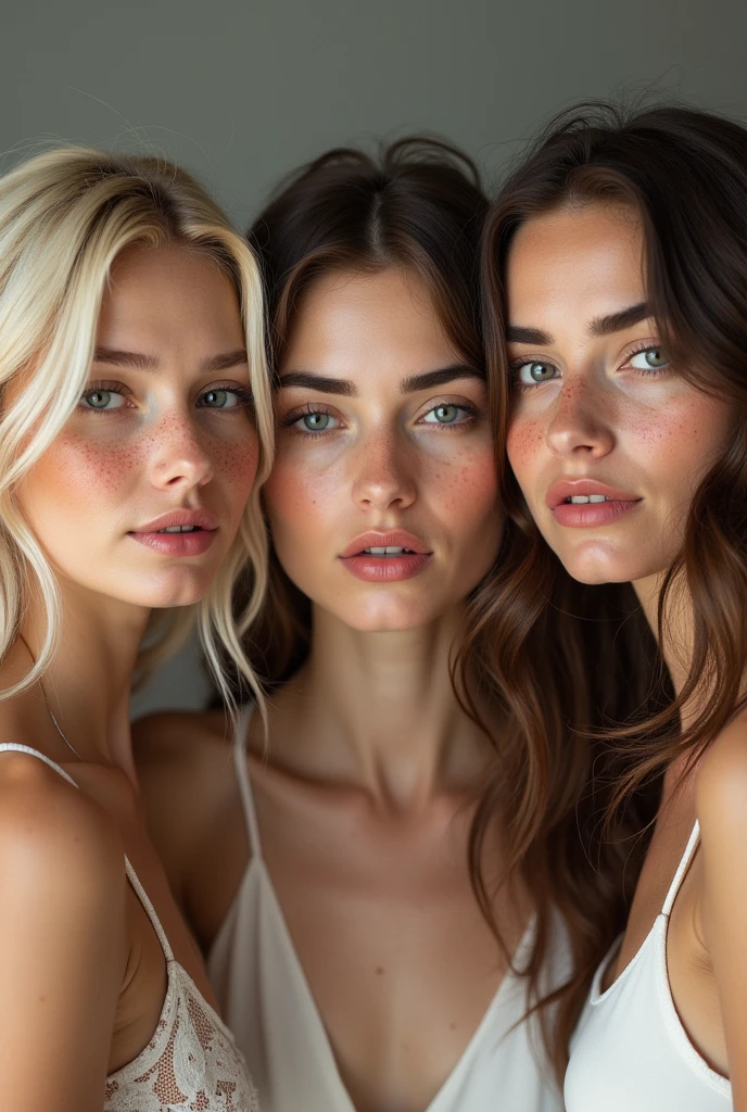 3 blonde and brunette lady with thin face with freckles and very realistic face with rounded head and 