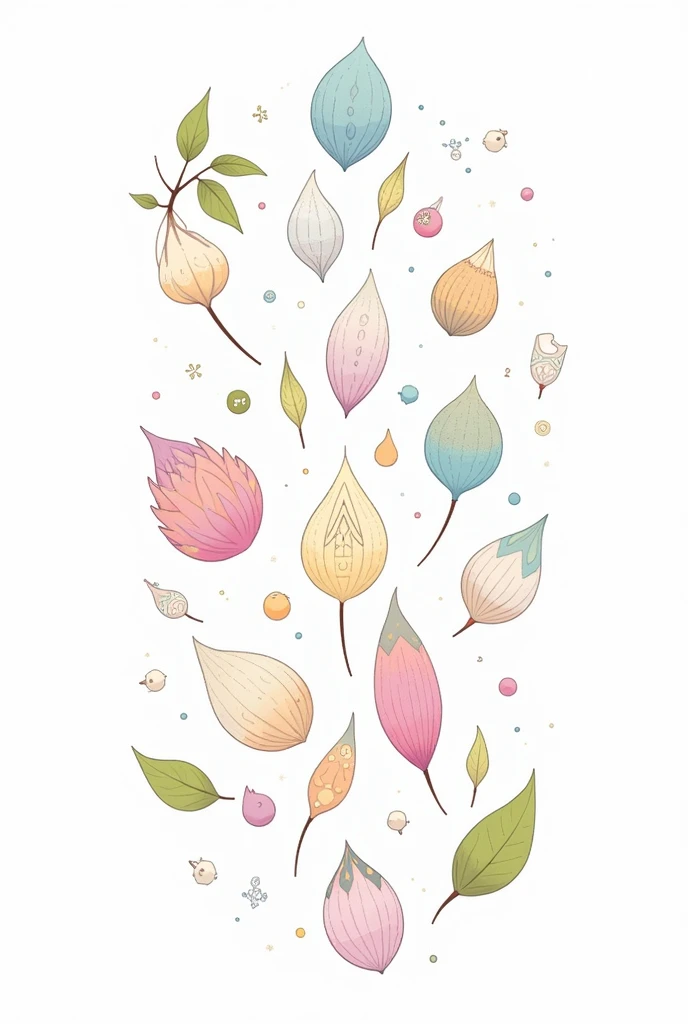 magic seeds. Many types, white background. Detaching from fantasy, drawing style, filled line art, 2d.