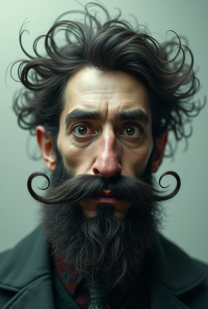 Make me a man with a mustache, long hair and long nose
