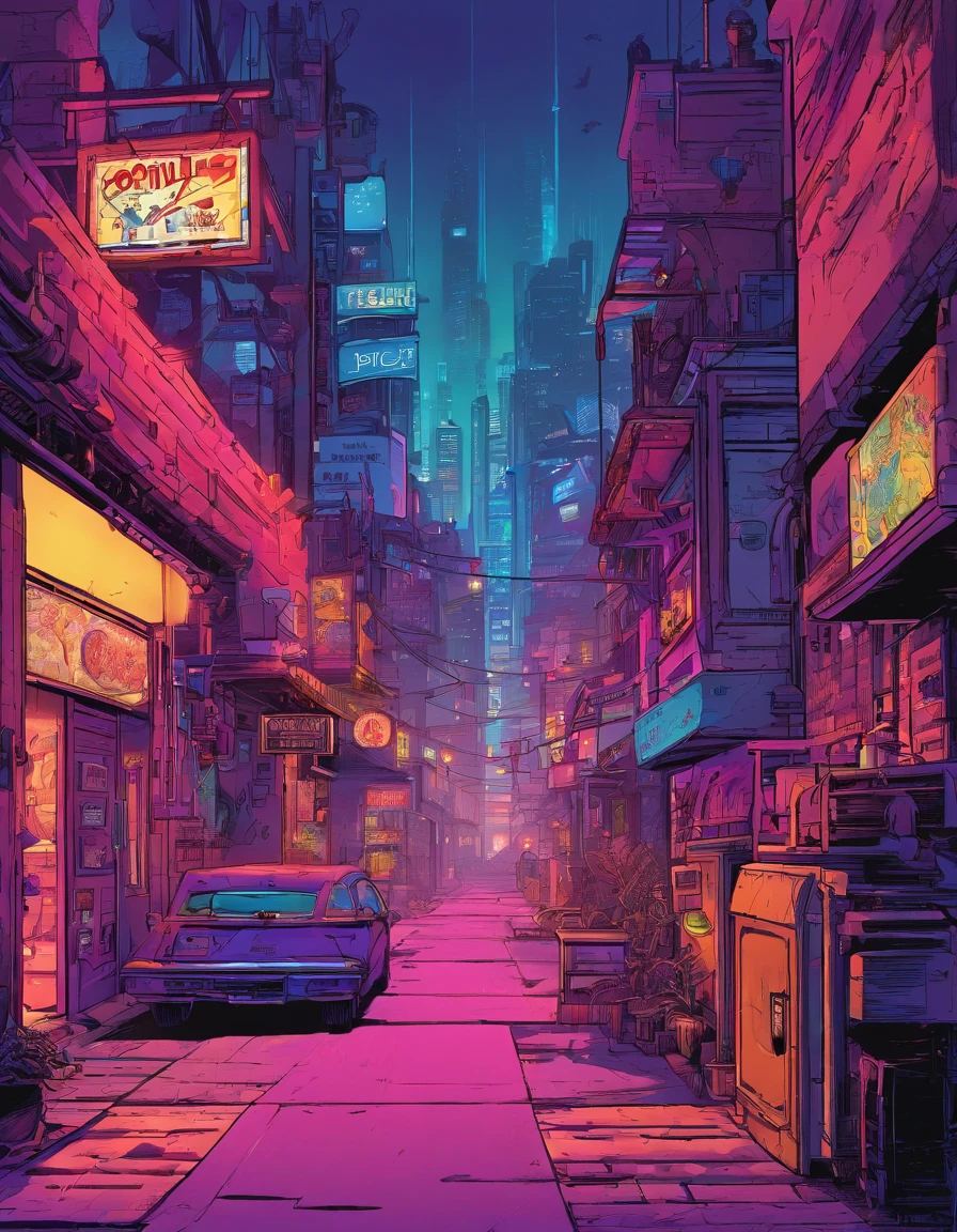 alley, cyberpunk, evening, neon, neon signs, light steam, dim lighting, purple and red,
