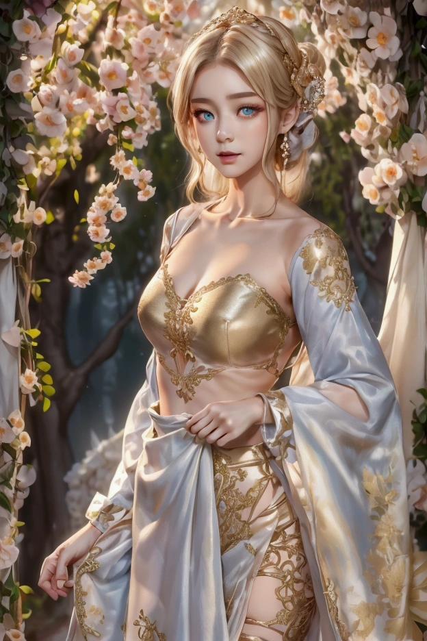 (Movie Background), (((Color)), Ultra Detail, (Fine Detail), (Intricate Detail), Octane Rendering, HDR, (Ultra Detail: 1.15), (Soft Light: 1.2), High quality hiper realistic and exuberant young woman with delicate light skin, light golden hair, blue eyes, She has a very happy and blushing expression. she is wearing lace golden white dress. she is walking in the garden
