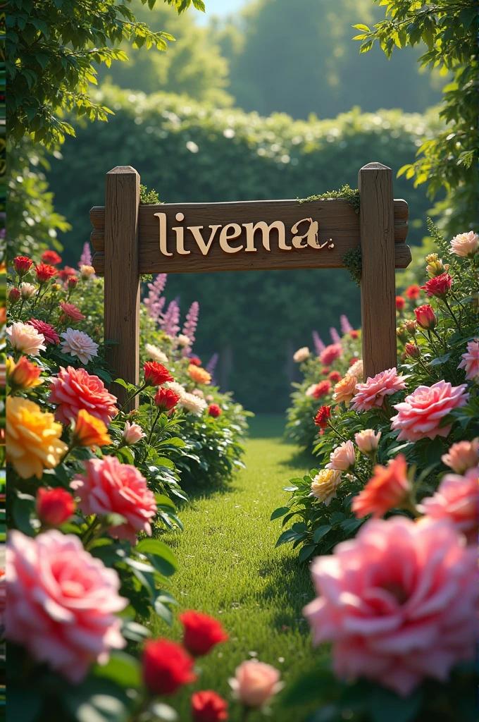 Garden full of flowers and roses with a sign that says Livema