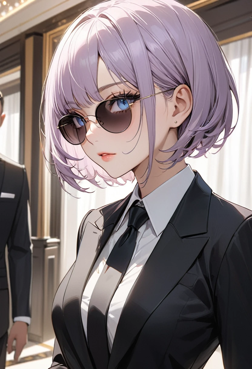 ((best quality)), ((Masterpiece)), (details), Young woman, alone, ( light purple hair, blue eyes, ((short hair)) , beautiful face, Beautiful skin, Long eyelashes, Thick eyelashes) , elegant, bodyguard ,sunglasses,Formal suit, black clothes, luxurious hotel, black tie,