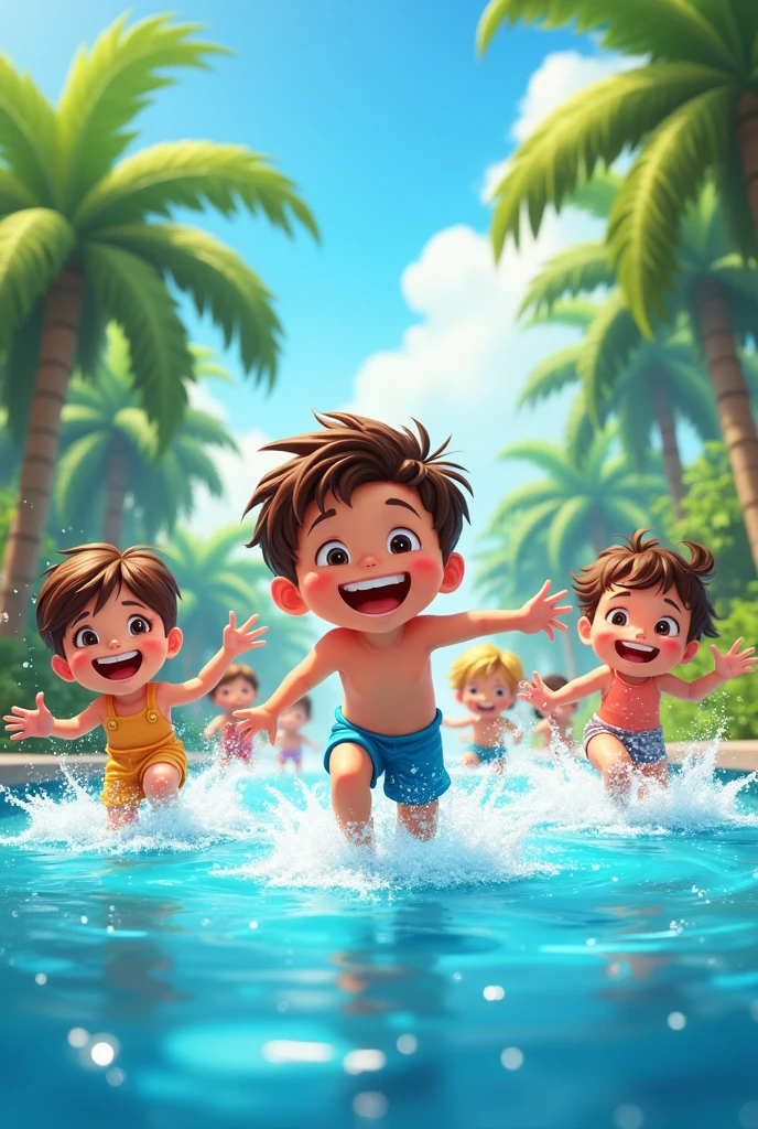 happy children playing in a swimming pool