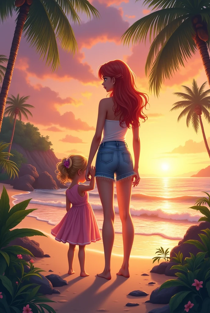 Make one with short light denim shorts showing your butt, make her blonde half redhead , realisitic , on a beach with her 5 year old younger sister, she does them with her back turned to the sunset on the beach , make a girl wear a pink dress