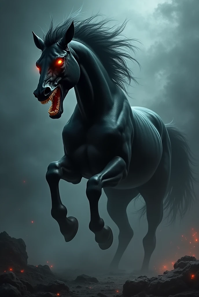 A black horse in angry look with demon face