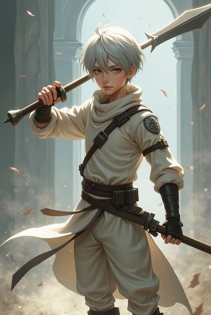 A male anime character, Scrawny, light-eyed and medium-length silver hair, wearing light leather armor, using a sword and a spear