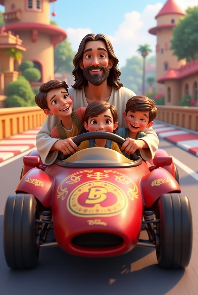 A Disney Pixar style image with Jesus and 3 kids in a car on a race track. Jesus must be driving the car, the steering wheel must be clearly visible. MAKE JESUS SMILER