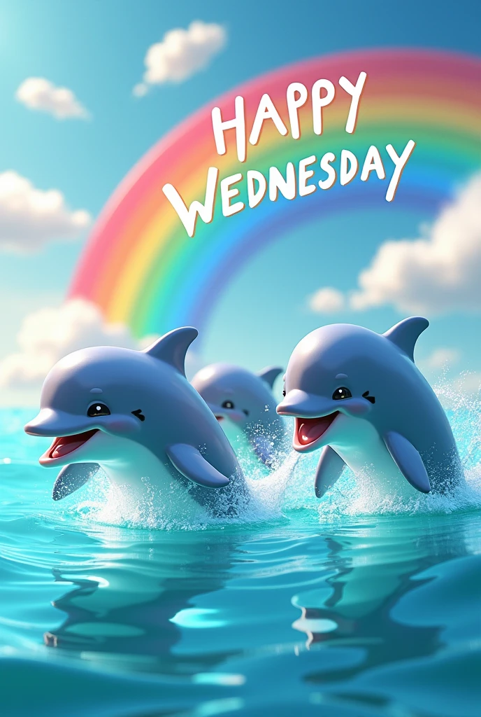 Image of the meme of the dolphins with rainbow with the text that says "Happy Wednesday"