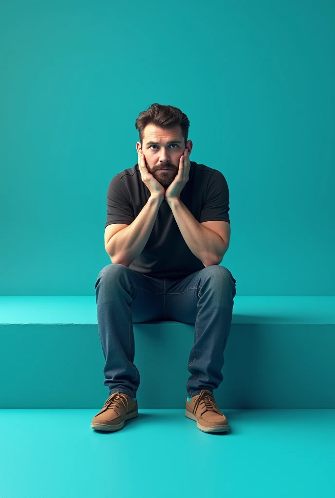Man in front sitting on a turquoise blue piece of furniture with space at the bottom and with his hands on his head to make it look real