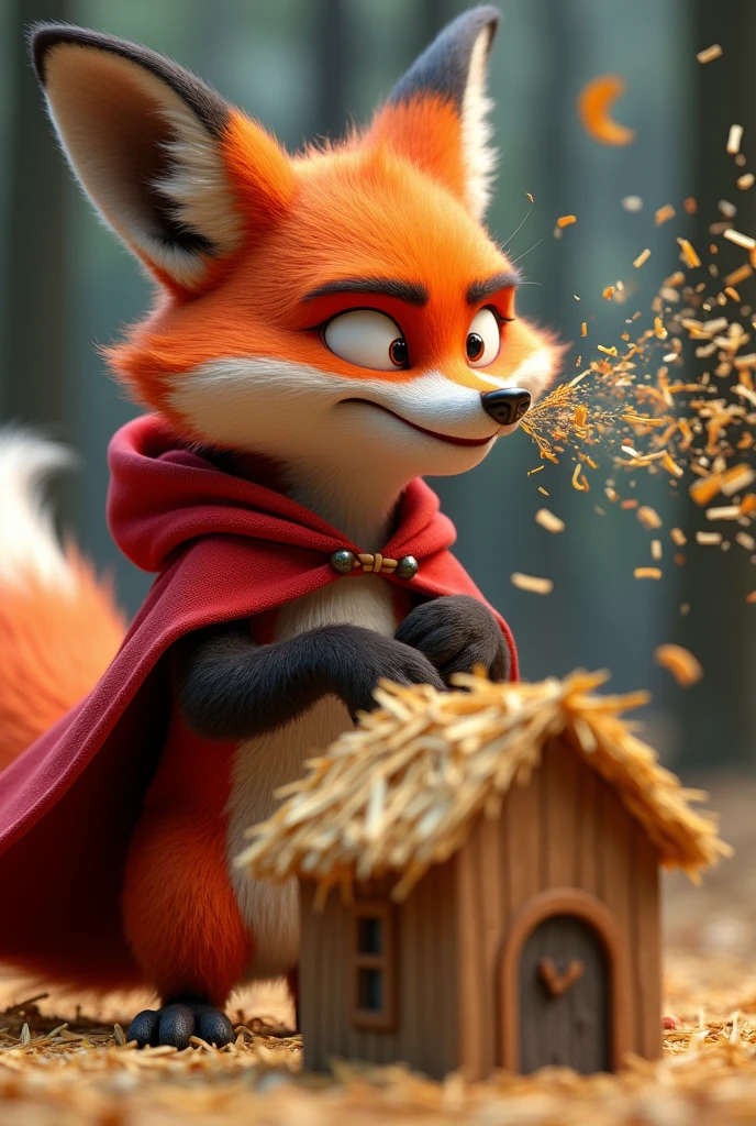 pixar style sideview of a 3D scary cute fox wearing a red cape and a red hoodie with realistic fur stands before a small, fragile house made of straw, his cheeks puffed out and his brows furrowed in intense concentration. The fox's lips are tightly pursed as he blows with all his might, his chest expanding and his whole body straining with the effort. The wind from his powerful breath sends the straw pieces flying in all directions, creating a chaotic swirl around him. His eyes are narrowed with determination, and you can see the muscles in his face and neck tense, showing his sheer force and exertion. The background is a forest clearing, with some trees swaying slightly due to the force of the wind. The fox's expression is a mix of focus and fierce intent as he tries to bring the house down, captured in a moment of intense action.